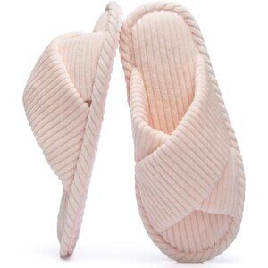 ⚡Women Pink Cotton Memory Foam Bedroom Corduroy Crossbands Open Toe Shoes